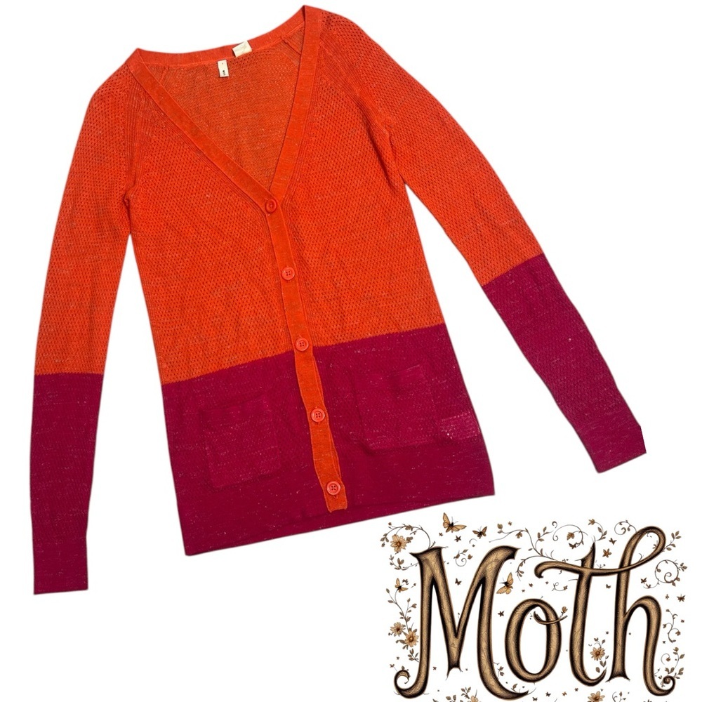 Anthropologie Moth orange and pink colorblock Pointelle Knit cardigan sweater XS - Picture 2 of 10